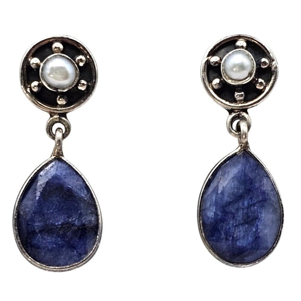 Kyanite & Pearl Sterling Silver Drop Dangle Earrings Tested Estate